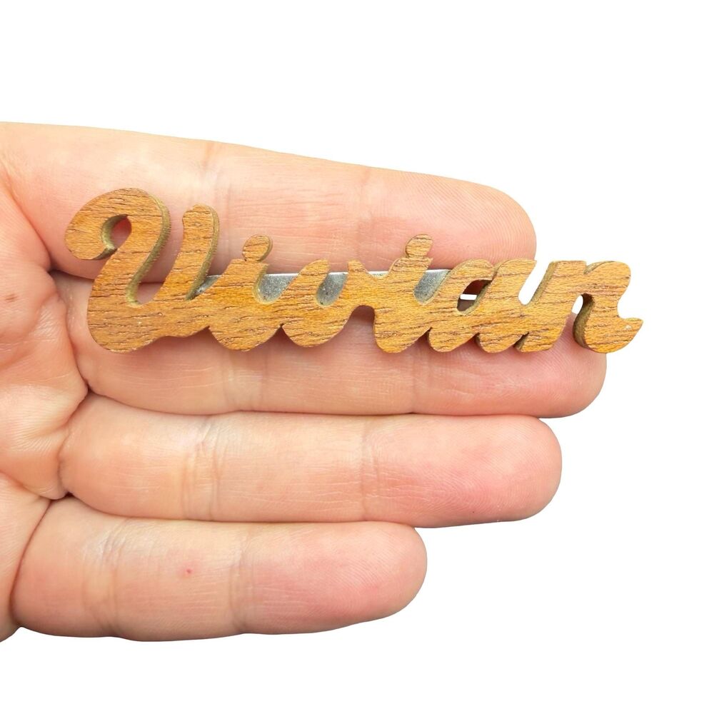 Vintage Jewelry Mid Century Modern Vivian Carved Wood Name Brooch Vivian Pin